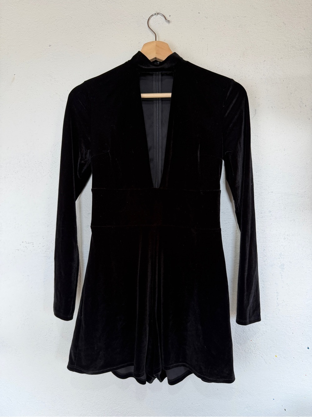 Black Velvet Long-Sleeve V-Neck Dress